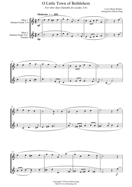 O Little Town Of Bethlehem For Oboe Duet Suitable For Grades 2 6 Sheet Music