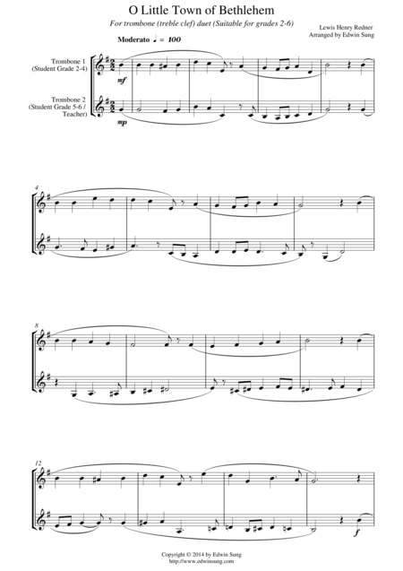 O Little Town Of Bethlehem For Trombone Duet Treble Clef Suitable For Grades 2 6 Sheet Music