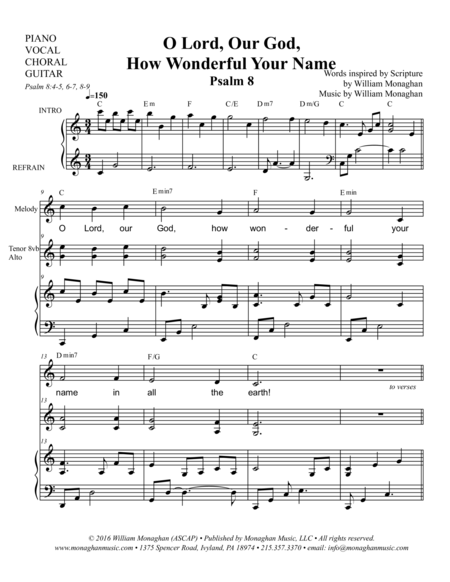 O Lord Our God How Wonderful Your Name Psalm 8 Sheet Music