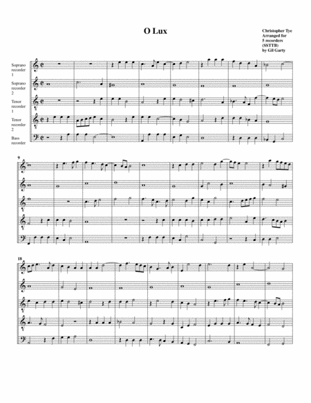 Free Sheet Music O Lux Arrangement For 5 Recorders