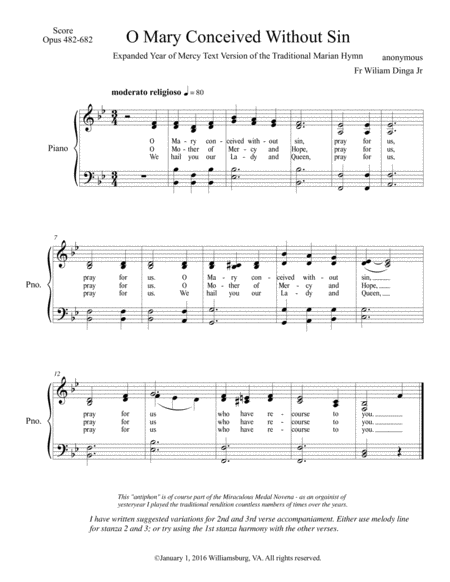 Free Sheet Music O Mary Conceived Without Sin Traditional Public Domain
