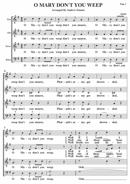 Free Sheet Music O Mary Dont You Weep A Cappella