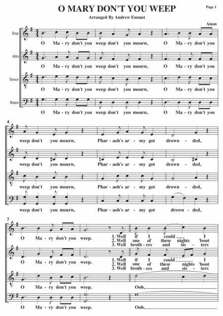 O Mary Dont You Weep A Cappella Sheet Music