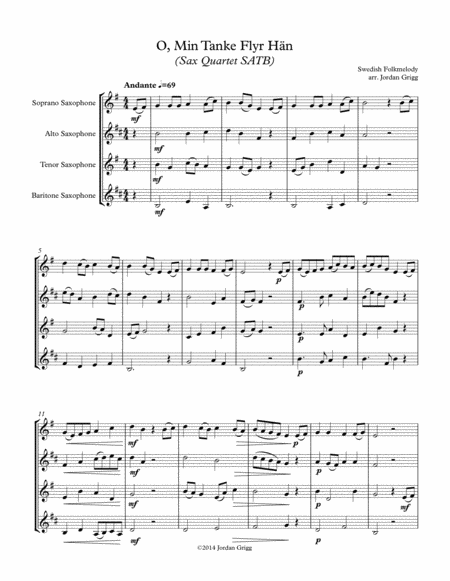 O Min Tanke Flyr Hn Sax Quartet Satb Sheet Music