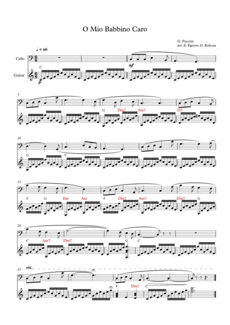 Free Sheet Music O Mio Babbino Caro Giacomo Puccini For Cello Guitar
