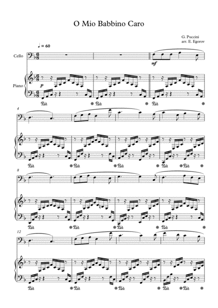 O Mio Babbino Caro Giacomo Puccini For Cello Piano Sheet Music