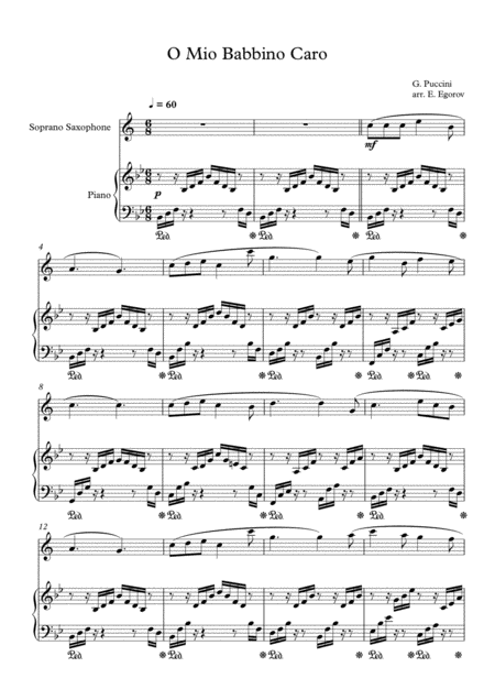 O Mio Babbino Caro Giacomo Puccini For Soprano Saxophone Piano Sheet Music