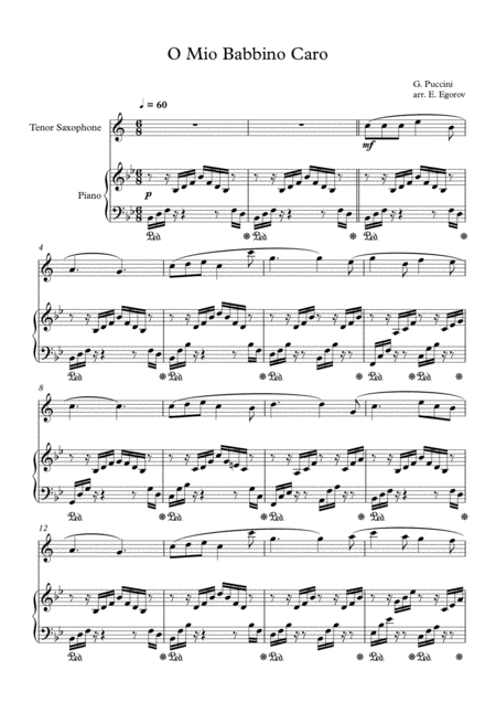 O Mio Babbino Caro Giacomo Puccini For Tenor Saxophone Piano Sheet Music