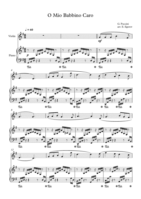 O Mio Babbino Caro Giacomo Puccini For Violin Piano Sheet Music