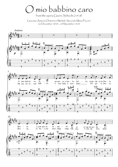 Free Sheet Music O Mio Babbino Caro Guitar Solo