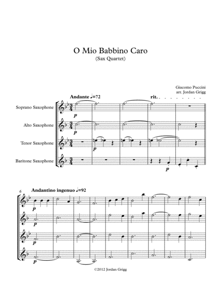 Free Sheet Music O Mio Babbino Caro Sax Quartet