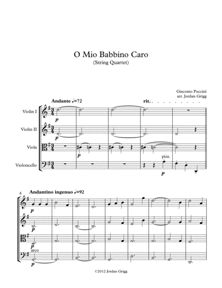 O Mio Babbino Caro String Quartet Sheet Music