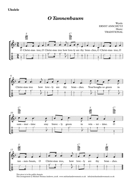 O Tannenbaum O Christmas Tree For Ukulele With Tab Sheet Music