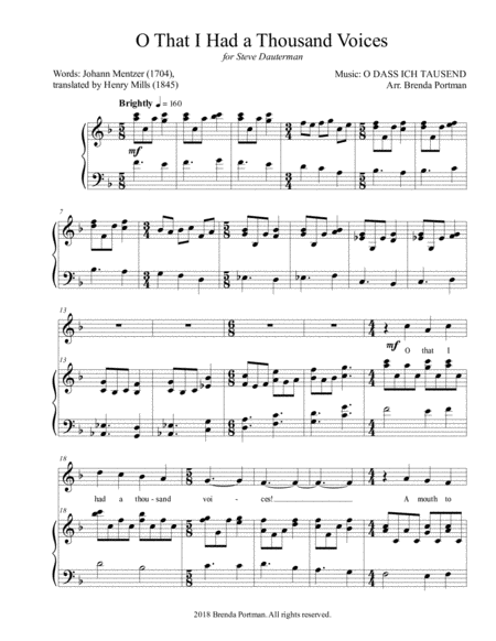 Free Sheet Music O That I Had A Thousand Voices O Dass Ich Tausend High Voice Arr Brenda Portman