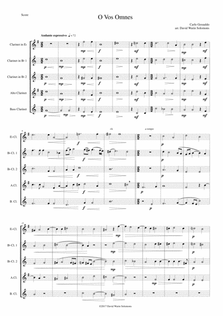 Free Sheet Music O Vos Omnes Arranged For Clarinet Quintet 1 E Flat 2 B Flats 1 Alto And 1 Bass