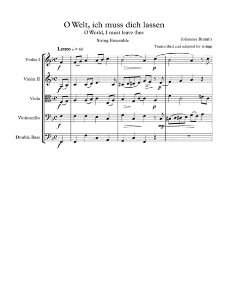 O Welt Ich Muss Dich Lassen O World I E En Must Leave Thee 2018 Chamber Music Contest Entry Sheet Music