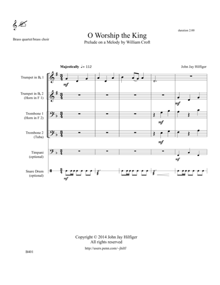 O Worship The King Prelude On A Melody By William Croft For Brass Quartet Sheet Music