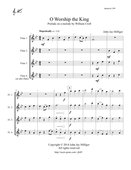 O Worship The King Prelude On A Melody By William Croft For Flutes Sheet Music
