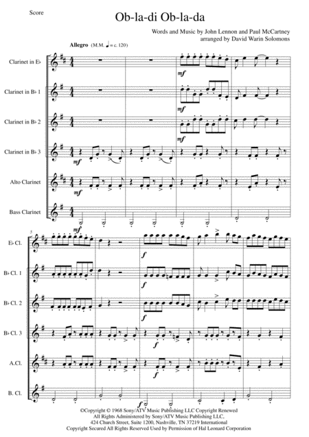 Free Sheet Music Ob La Di Ob La Da For Clarinet Sextet Or Clarinet Choir