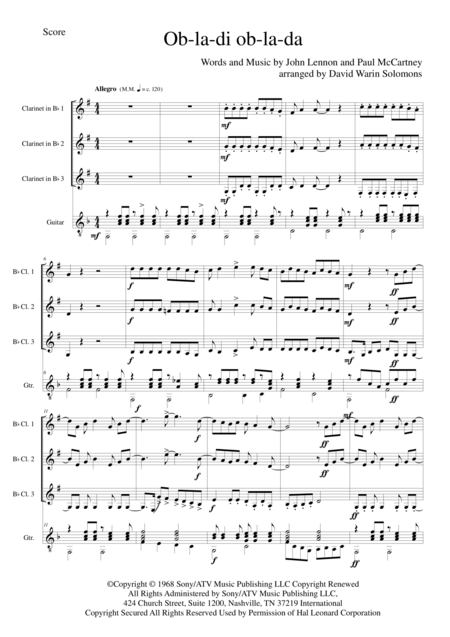 Ob La Di Ob La Da For Clarinet Trio And Guitar Sheet Music