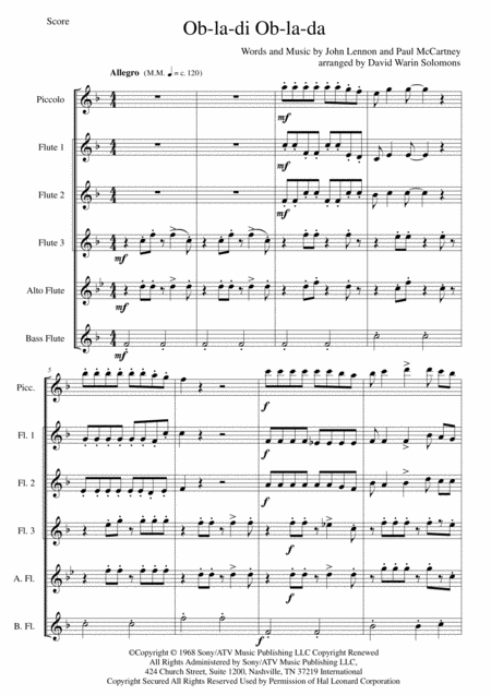 Free Sheet Music Ob La Di Ob La Da For Flute Sextet Or Flute Choir With Piccolo