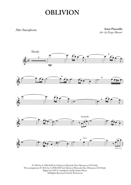 Oblivion For Alto Saxophone And Piano Sheet Music