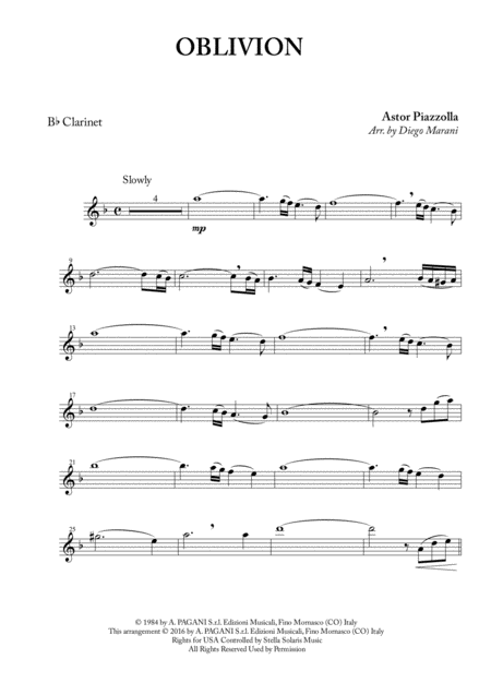 Oblivion For Clarinet And Piano Sheet Music