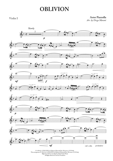 Oblivion For String Quintet Sheet Music