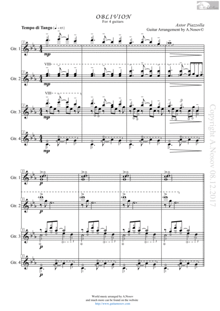 Oblivion Sheet Music For 4 Guitars Sheet Music