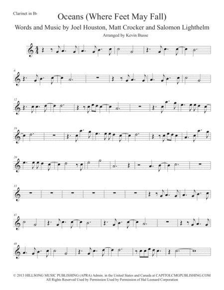 Oceans Easy Key Of C Clarinet Sheet Music