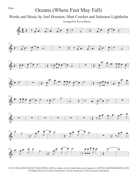 Oceans Easy Key Of C Flute Sheet Music