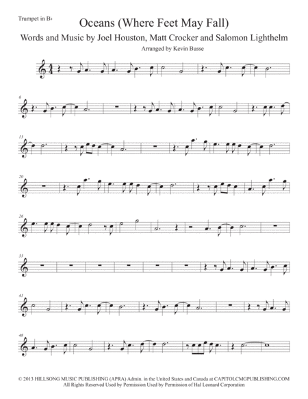 Free Sheet Music Oceans Easy Key Of C Trumpet