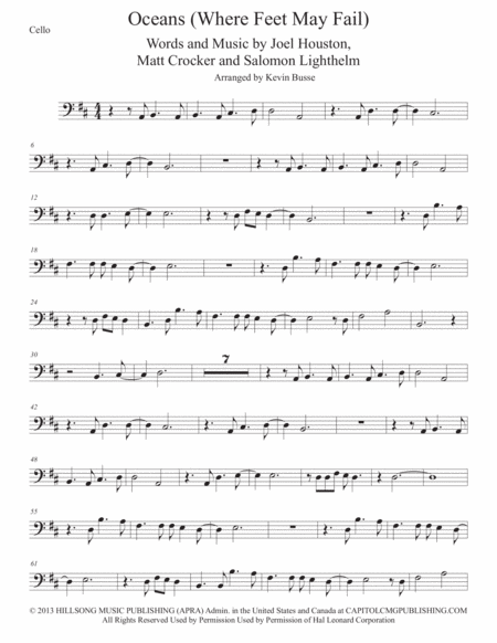 Oceans Original Key Cello Sheet Music