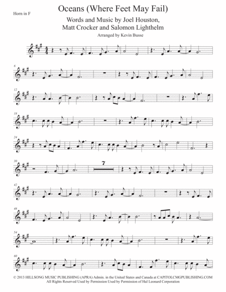 Oceans Original Key Horn In F Sheet Music