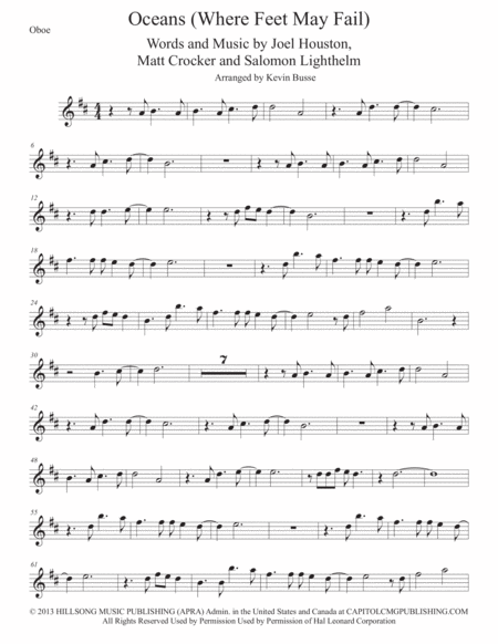 Oceans Original Key Oboe Sheet Music