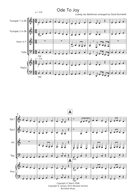 Ode To Joy For Brass Quartet Sheet Music