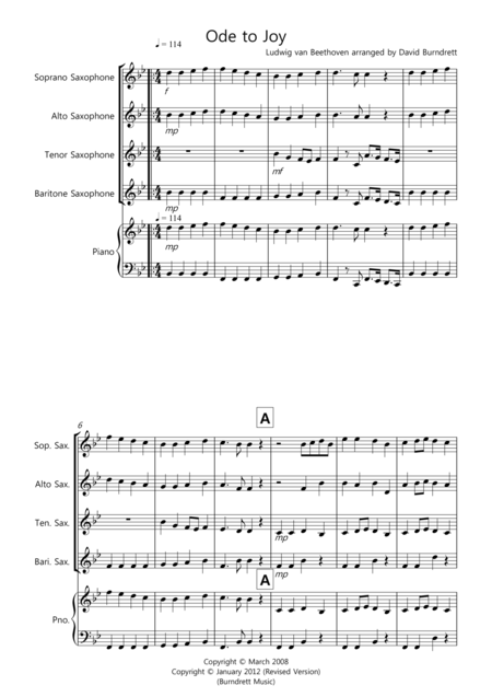 Ode To Joy For Saxophone Quartet Sheet Music