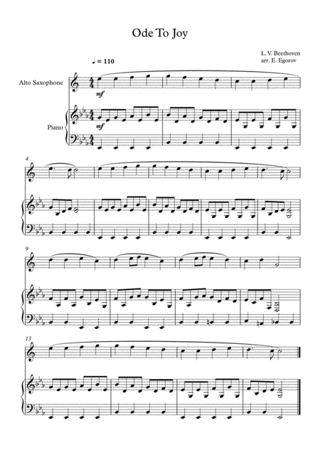 Ode To Joy Ludwig Van Beethoven For Alto Saxophone Piano Sheet Music