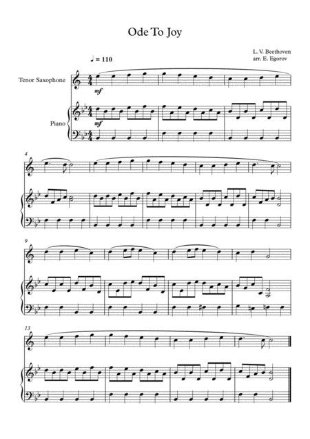 Free Sheet Music Ode To Joy Ludwig Van Beethoven For Tenor Saxophone Piano