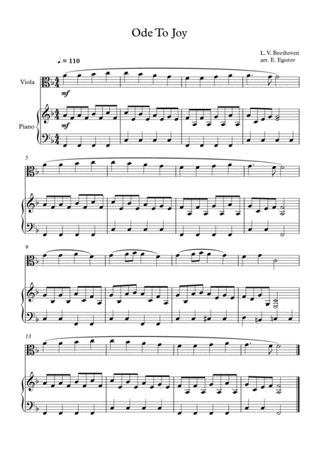 Ode To Joy Ludwig Van Beethoven For Viola Piano Sheet Music