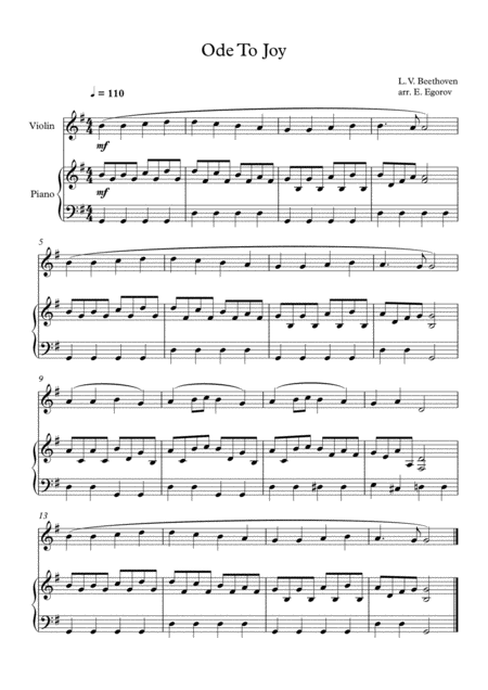Free Sheet Music Ode To Joy Ludwig Van Beethoven For Violin Piano