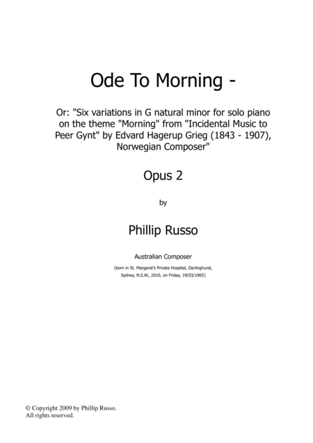Ode To Morning Op 2 Six Variations In G Minor For Solo Piano On The Theme Morning From Incidental Music To Peer Gynt By Edvard Grieg 1843 1907 Sheet Music