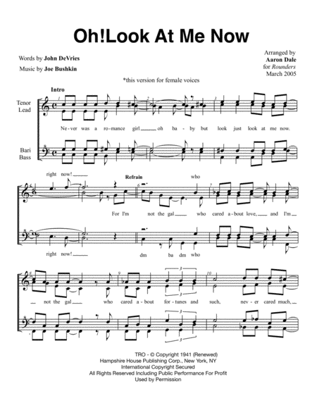 Free Sheet Music Oh Look At Me Now Female Barbershop Voicing