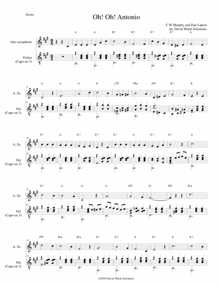 Oh Oh Antonio For Alto Saxophone And Guitar Capo On 3 Sheet Music