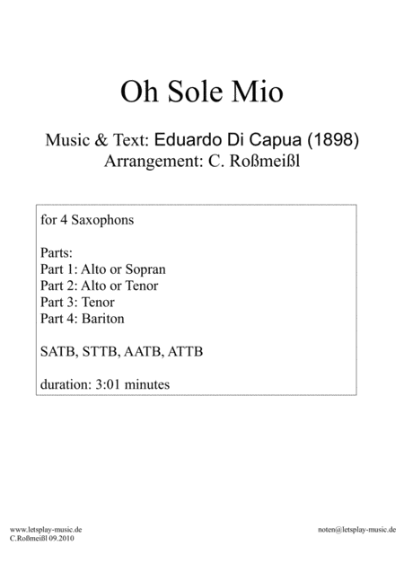 Free Sheet Music Oh Sole Mio For 4 Saxophones