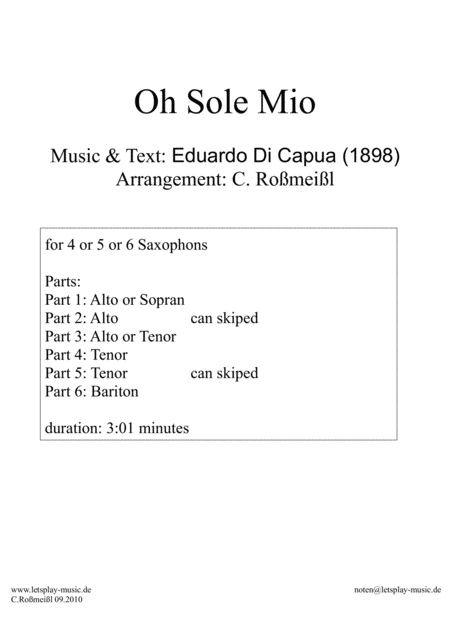 Oh Sole Mio For 5 Or 6 Saxophones Sheet Music