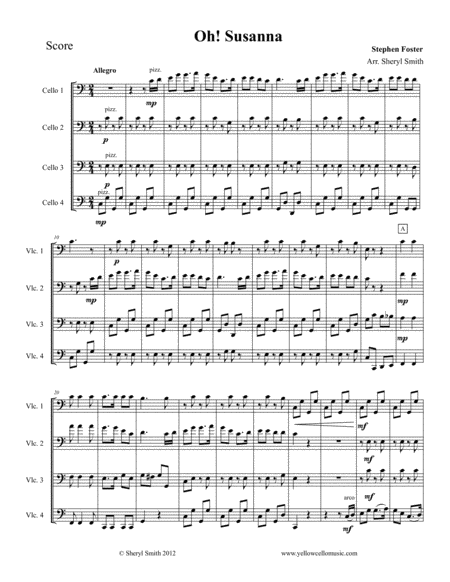 Oh Susanna For Intermediate Cello Quartet Four Cellos Sheet Music