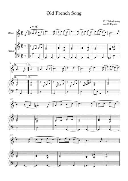 Old French Song Peter Ilyich Tchaikovsky For Oboe Piano Sheet Music