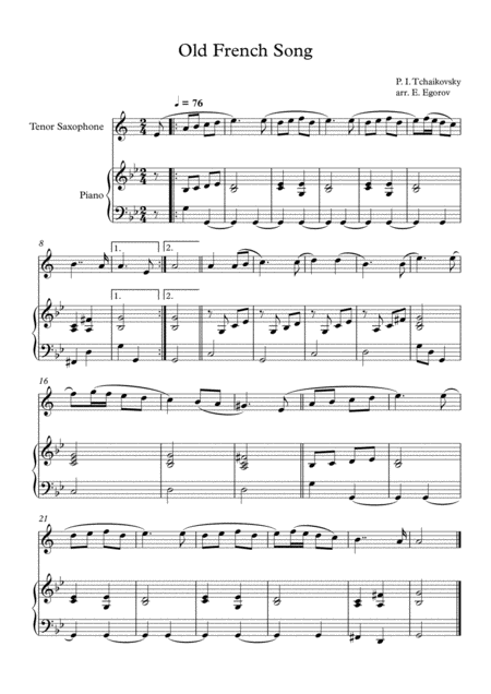 Free Sheet Music Old French Song Peter Ilyich Tchaikovsky For Tenor Saxophone Piano