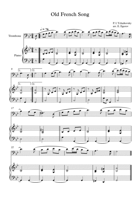 Old French Song Peter Ilyich Tchaikovsky For Trombone Piano Sheet Music